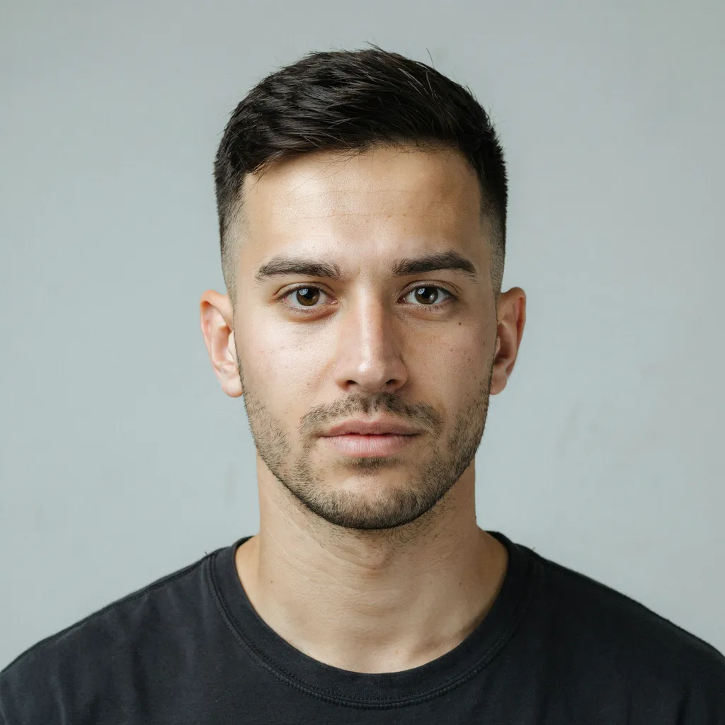 Front facing portrait of a man with a sharp fade haircut