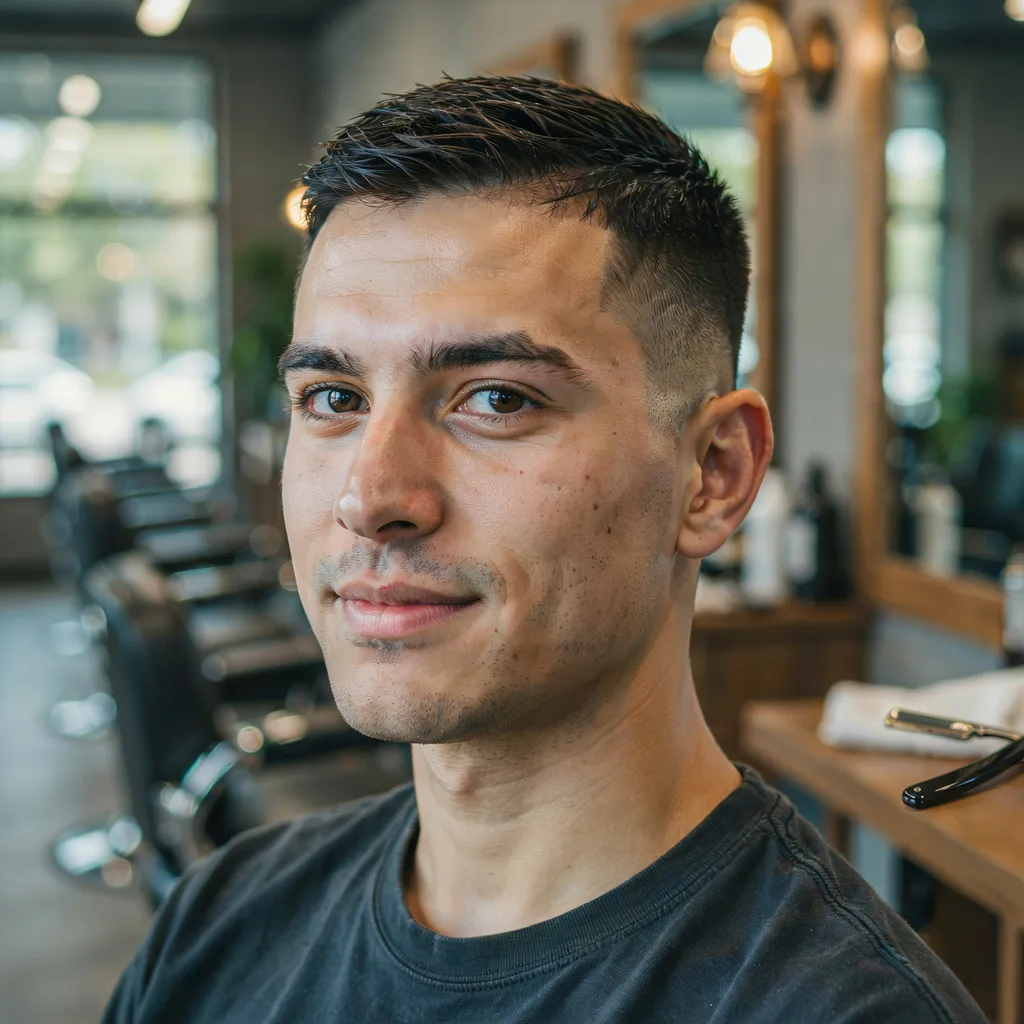 Three-quarter portrait of a man with a sharp fade haircut