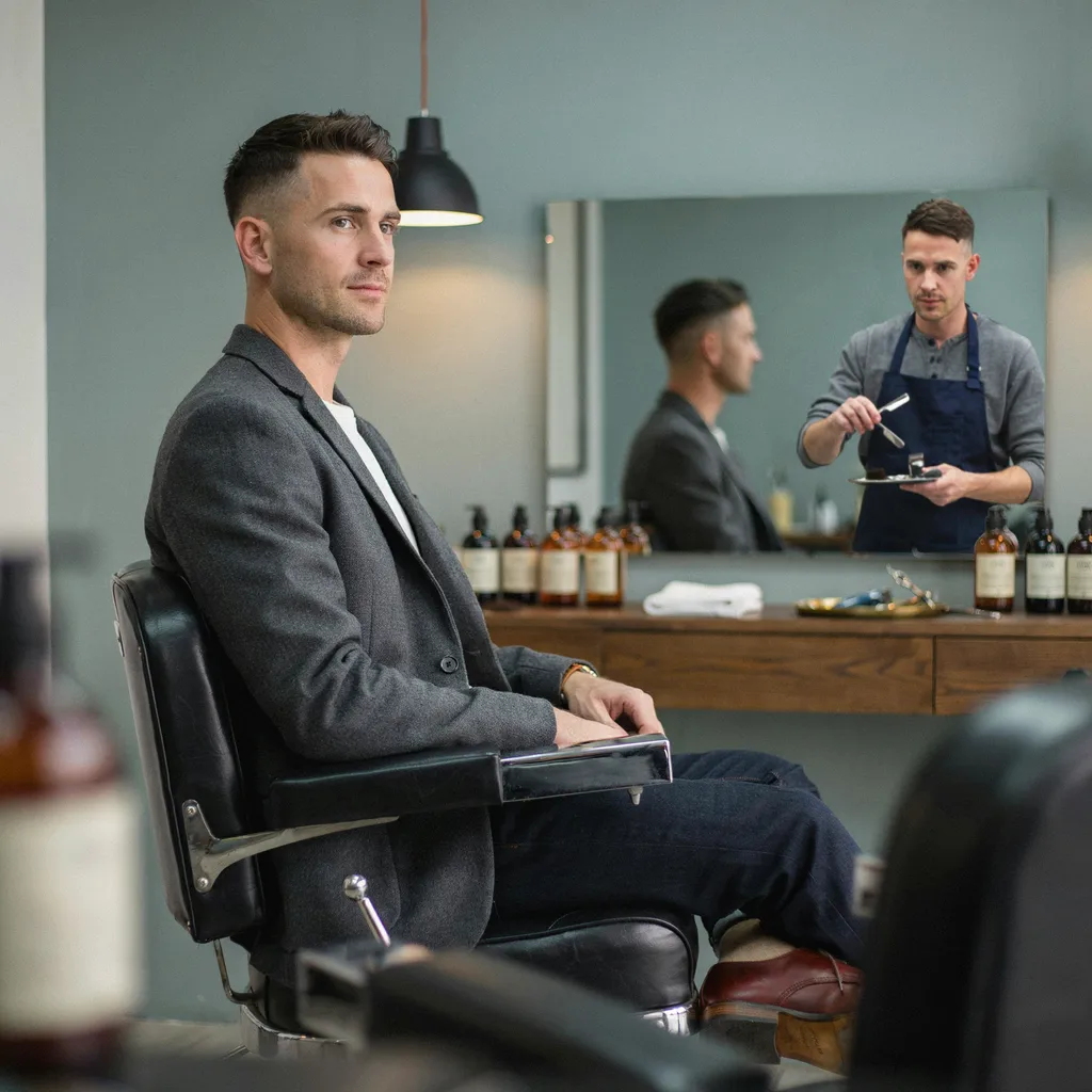 Well-dressed man with a clean sharp haircut in a modern barbershop