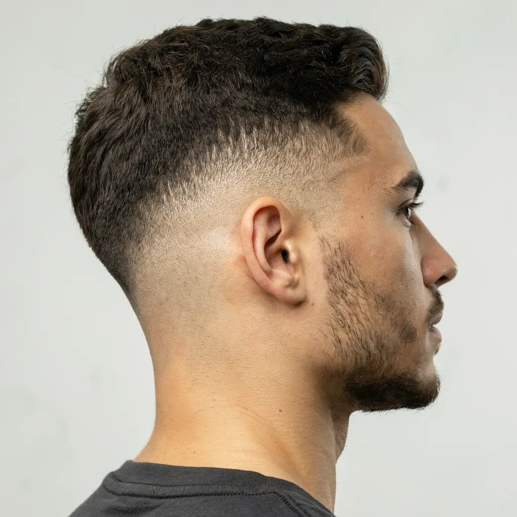 Fade haircut with a sharp high contrast blend line