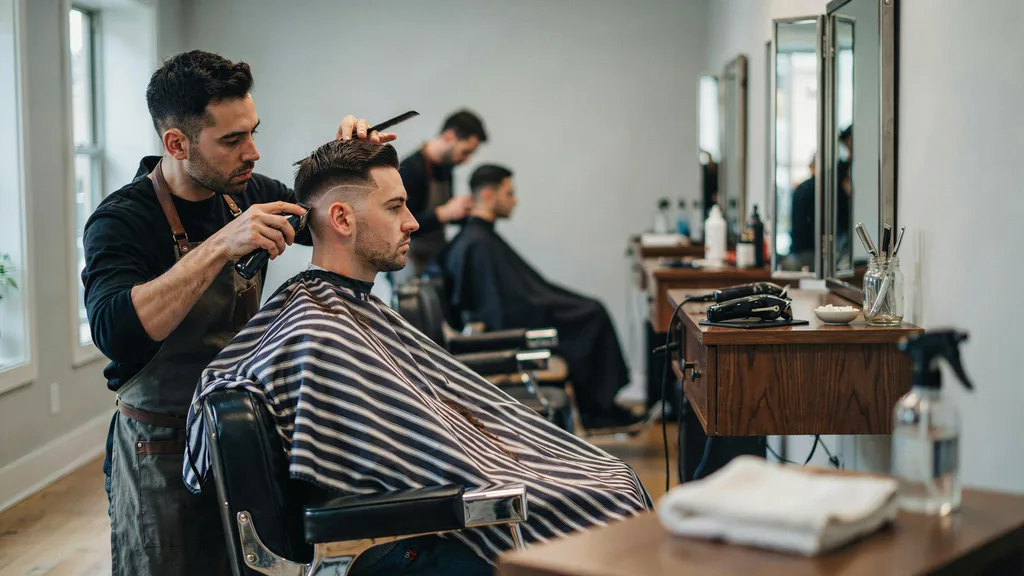Barber using clippers to blend a fade and demonstrate fade height on a client