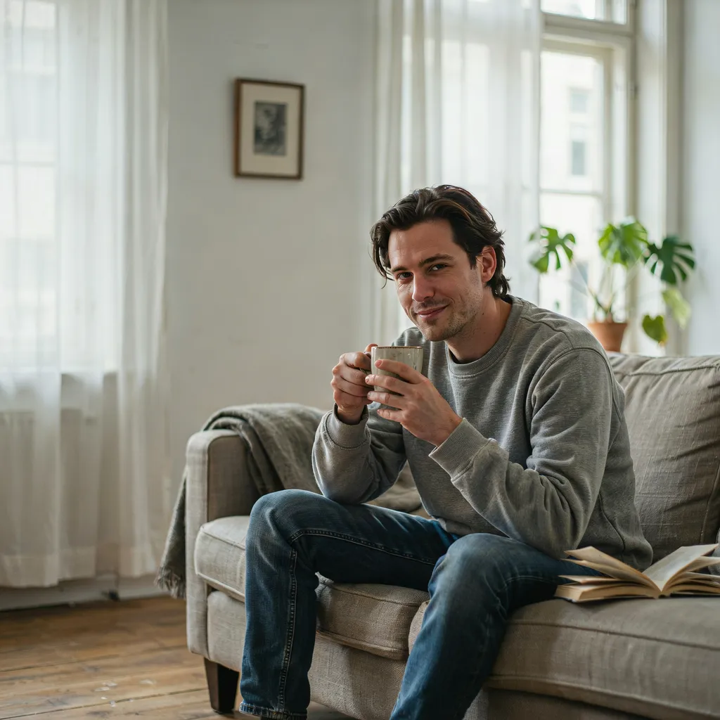 Relaxed man with a slightly grown out haircut at home