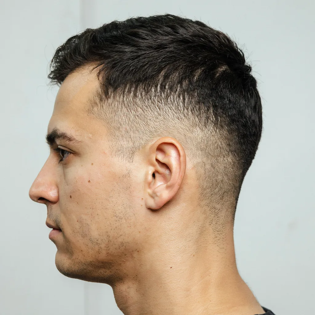 Close-up side view of a fade haircut starting precisely at temple level