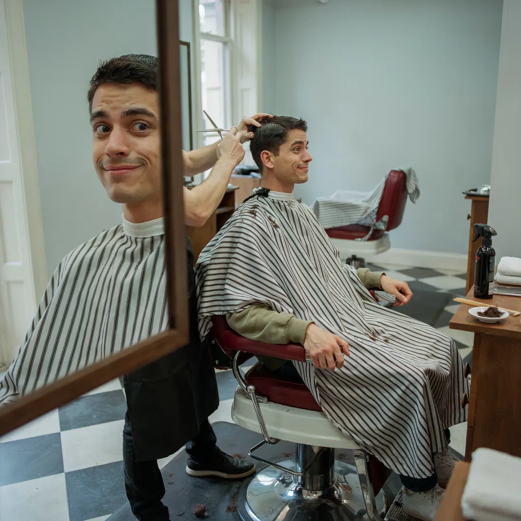 Nervous but excited young man sitting in a barber chair for the first time