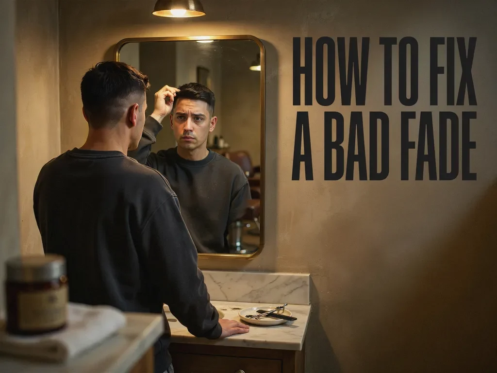 Man inspecting a fresh fade in a barbershop bathroom mirror