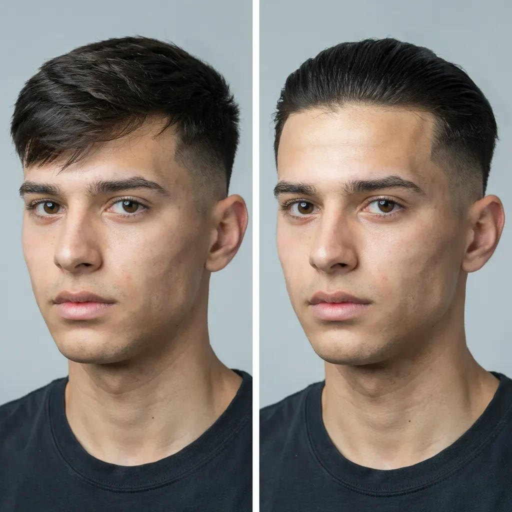 fringe mid fade versus slicked back mid fade exposing the forehead