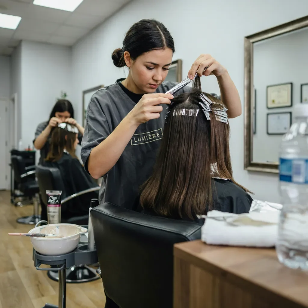 colorist applying frosted tips with foils