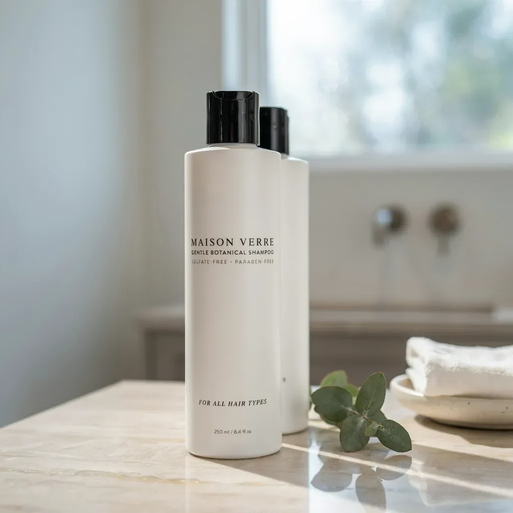 gentle shampoo bottle next to a sink