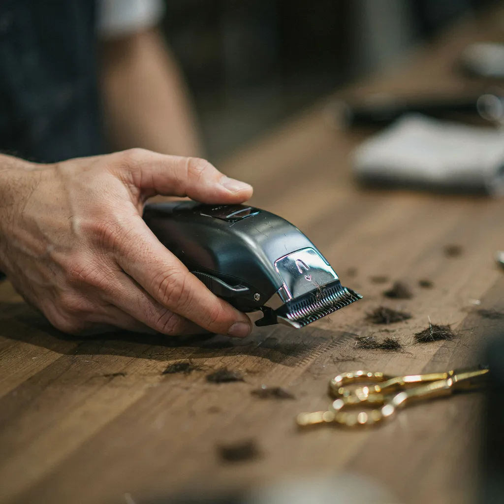 Hand holding hair clippers with a guard attachment