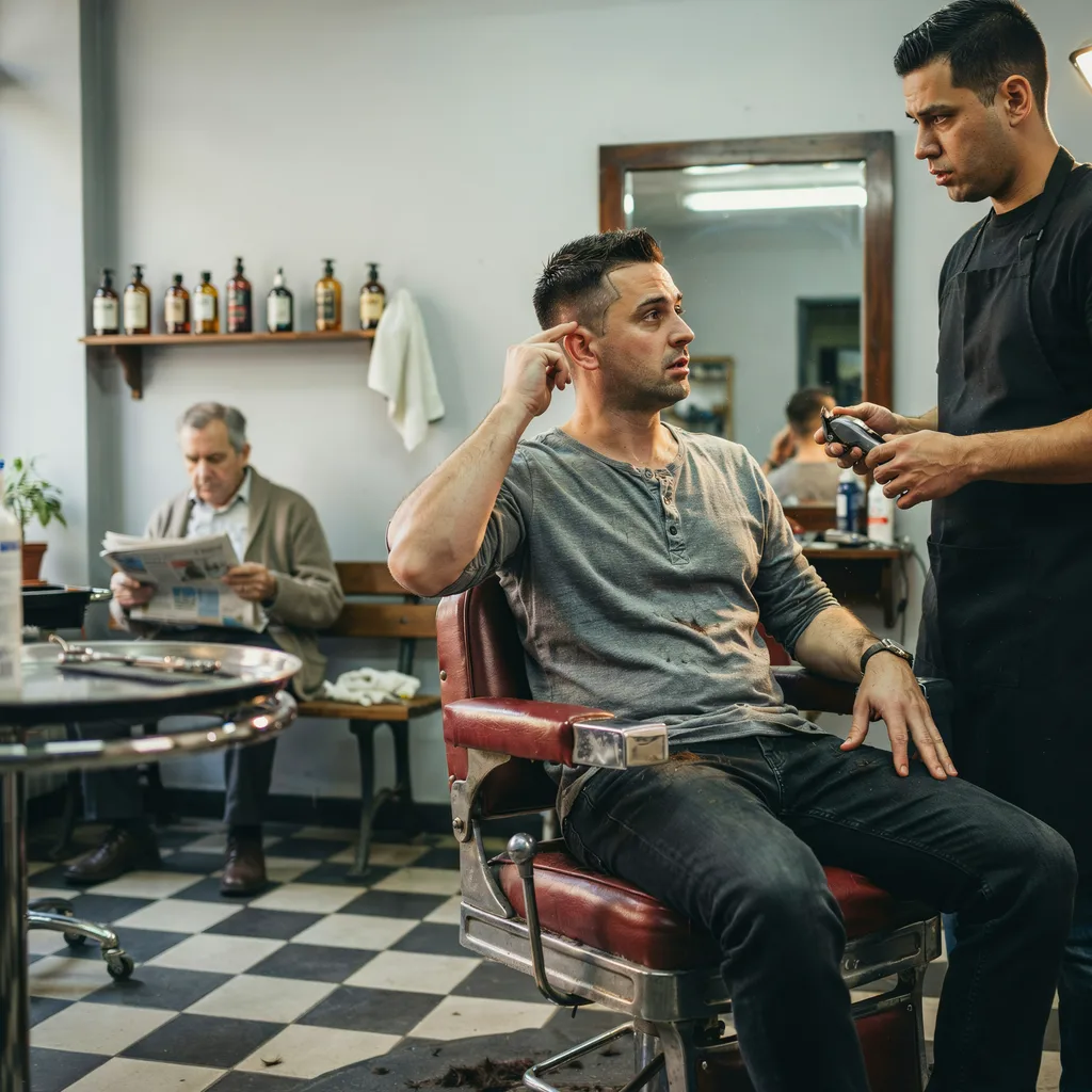 Barbershop client gesturing while describing his haircut to the barber