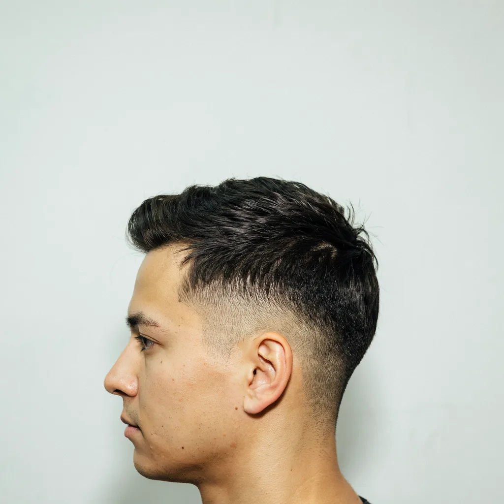 Side profile of a high taper fade haircut starting higher near the crown