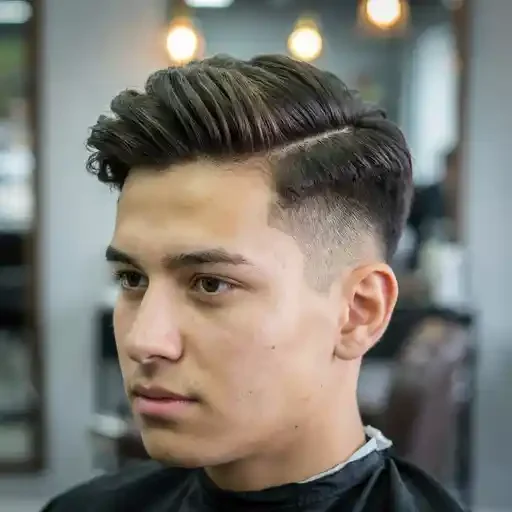 side part quiff with a hard part and mid fade