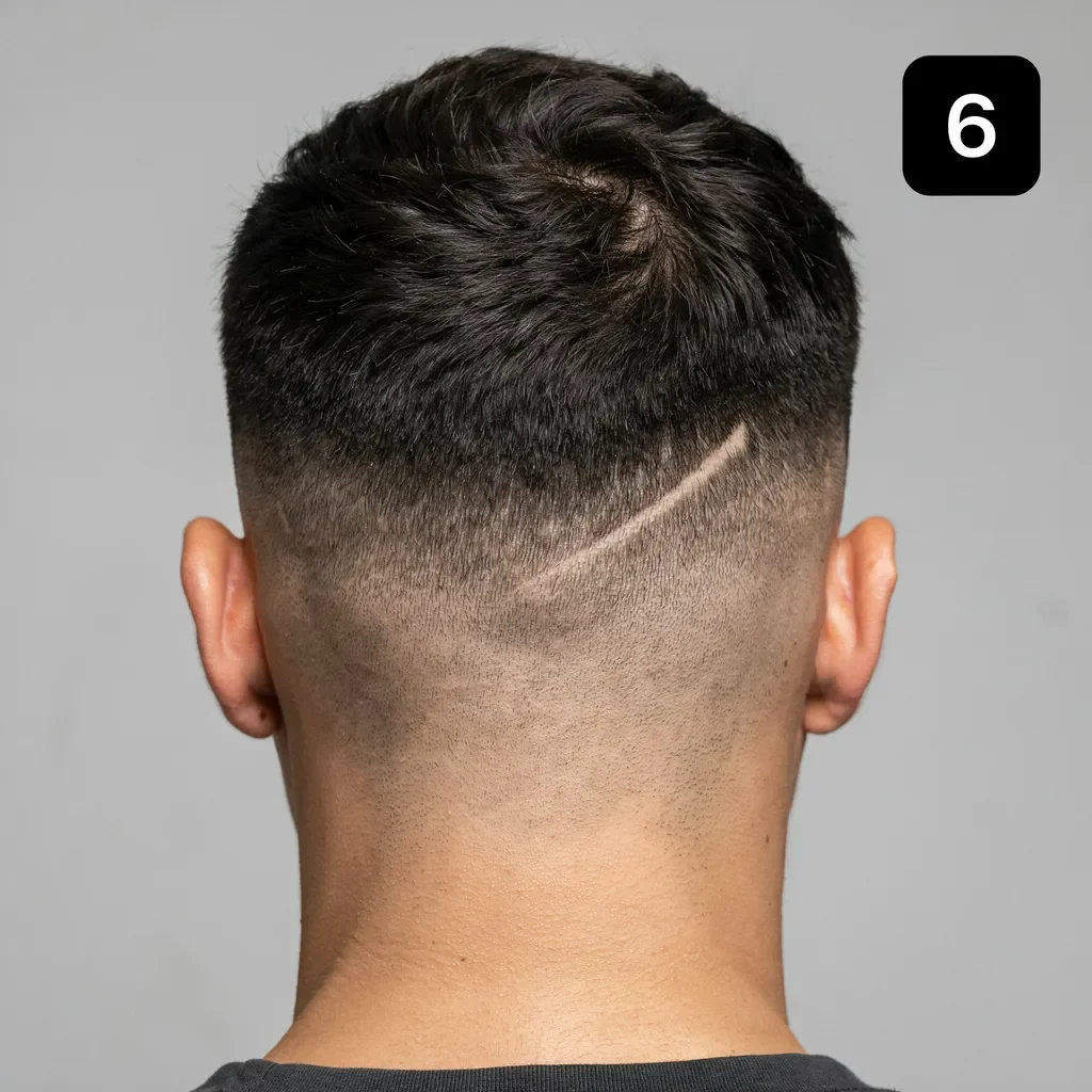 Back of head showing a fresh fade haircut with an uneven neckline