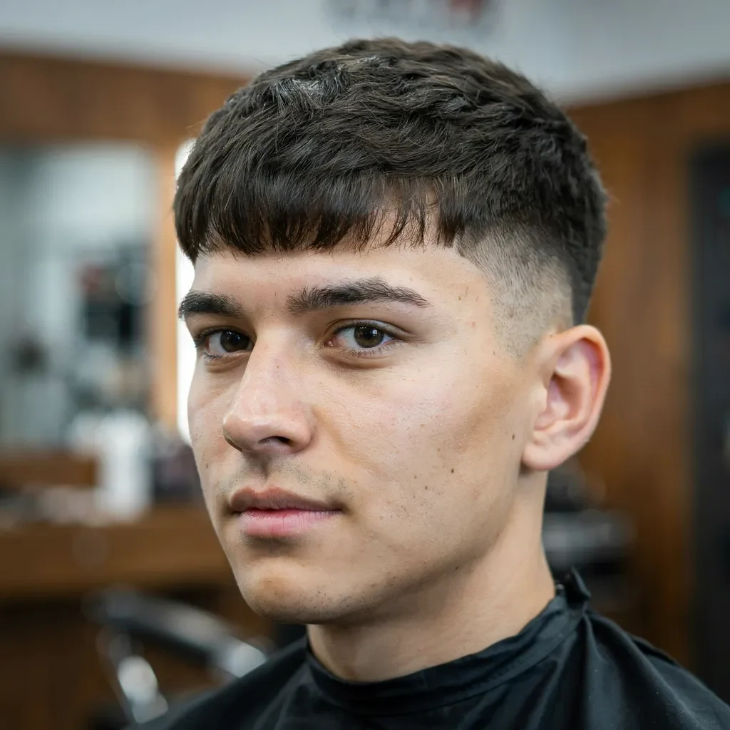 soft forward styled fringe with a mid fade
