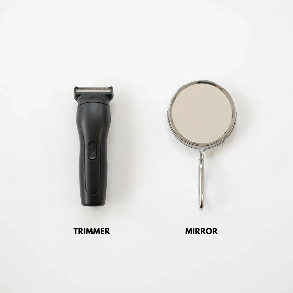 Flat lay of line up tools: a T-blade trimmer and hand mirror