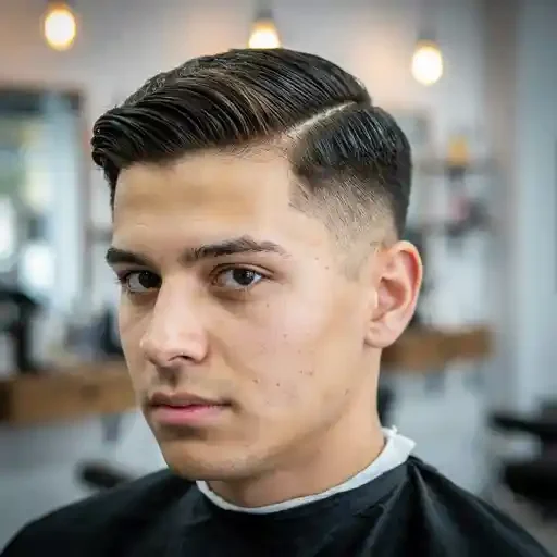 comb over mid fade with a defined part