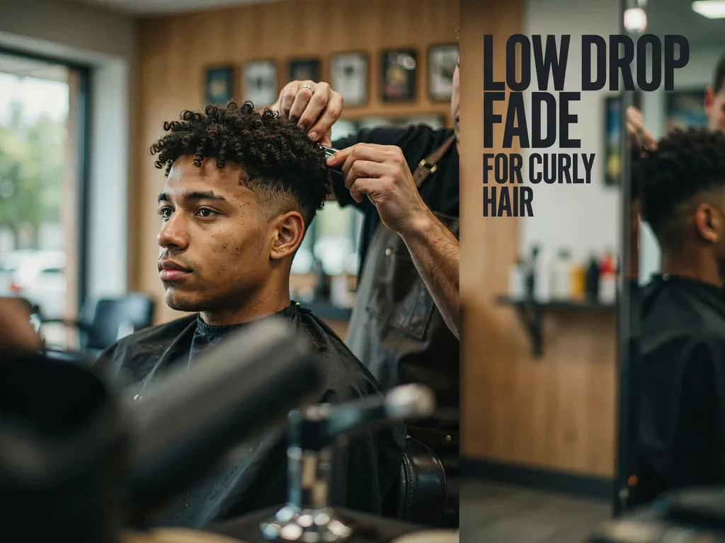 Low drop fade haircut for curly hair, barber finishing the cut