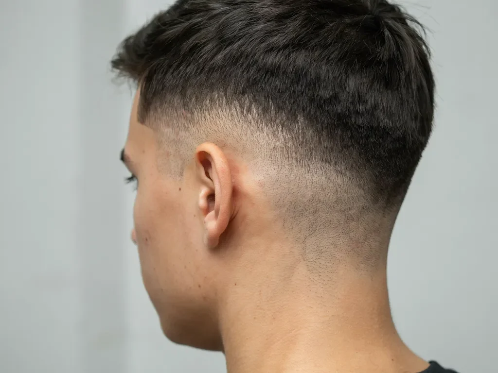 Low taper fade with subtle edges near the ear