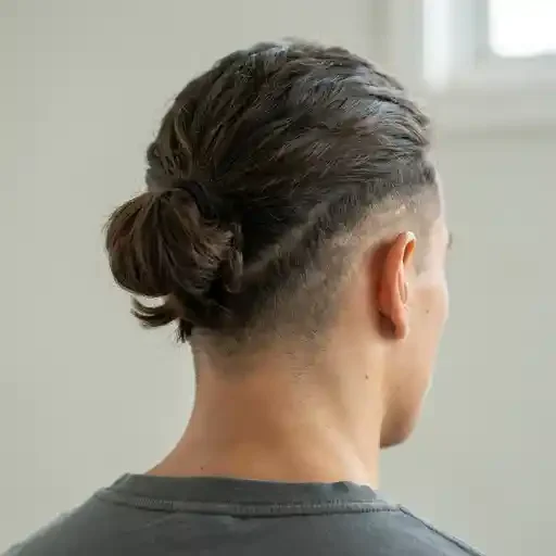 low man bun styled with a mid fade