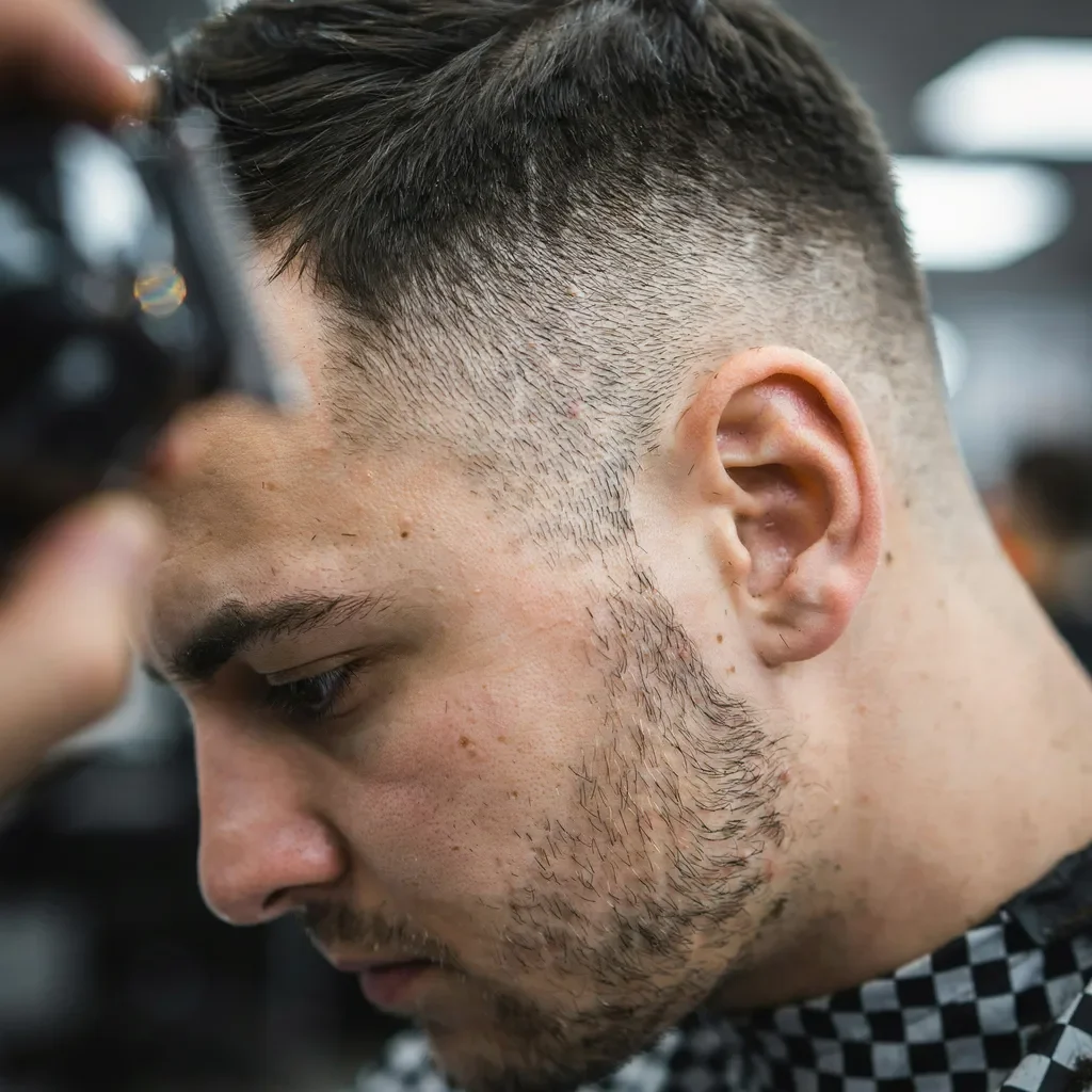 mid bald fade sharp skin transition at temple