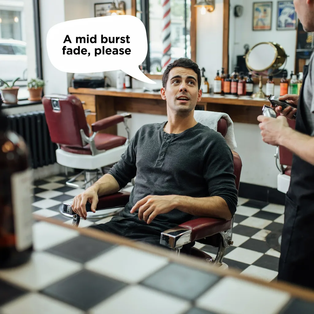 Client asking his barber for a mid burst fade, speech bubble