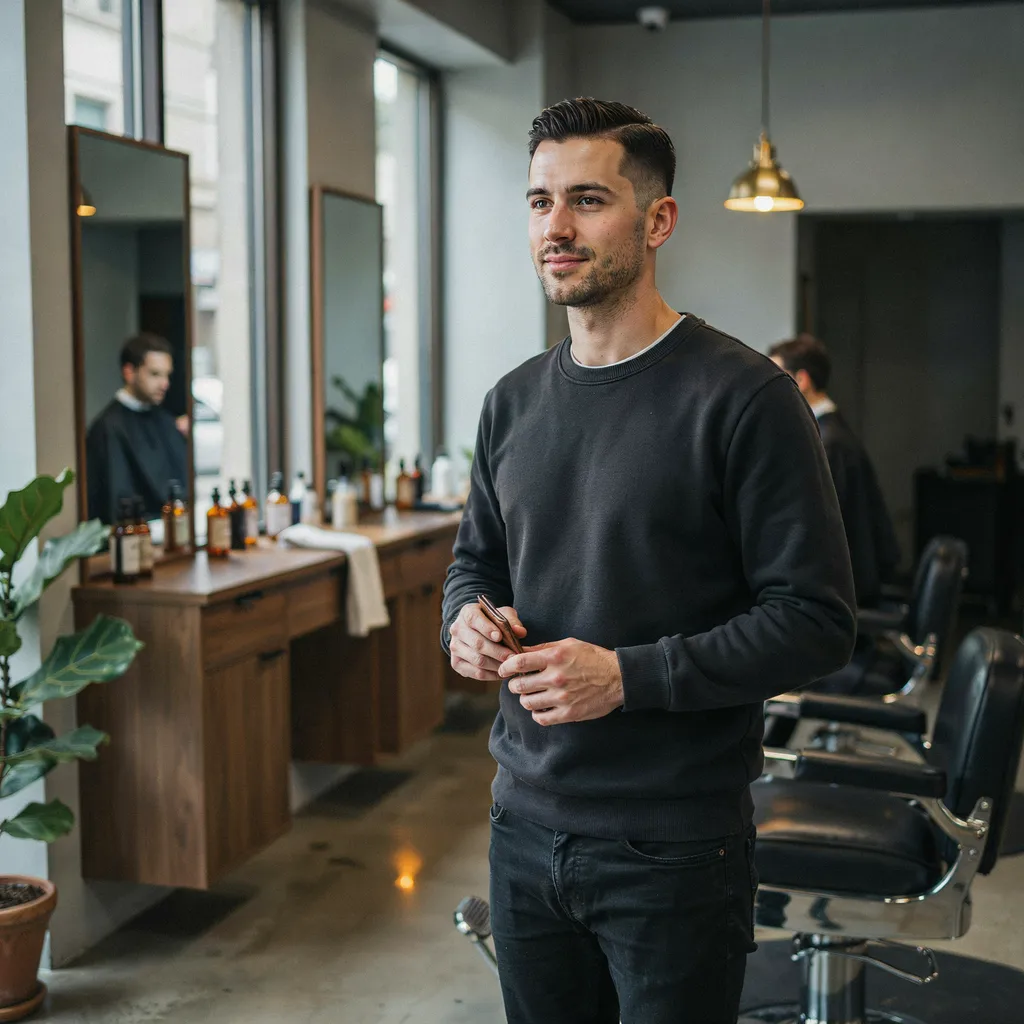 Confident man with a well-groomed haircut in a barbershop