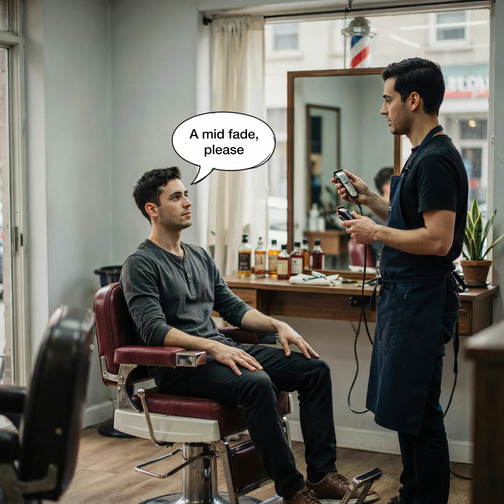 Client asking his barber for a mid fade, speech bubble