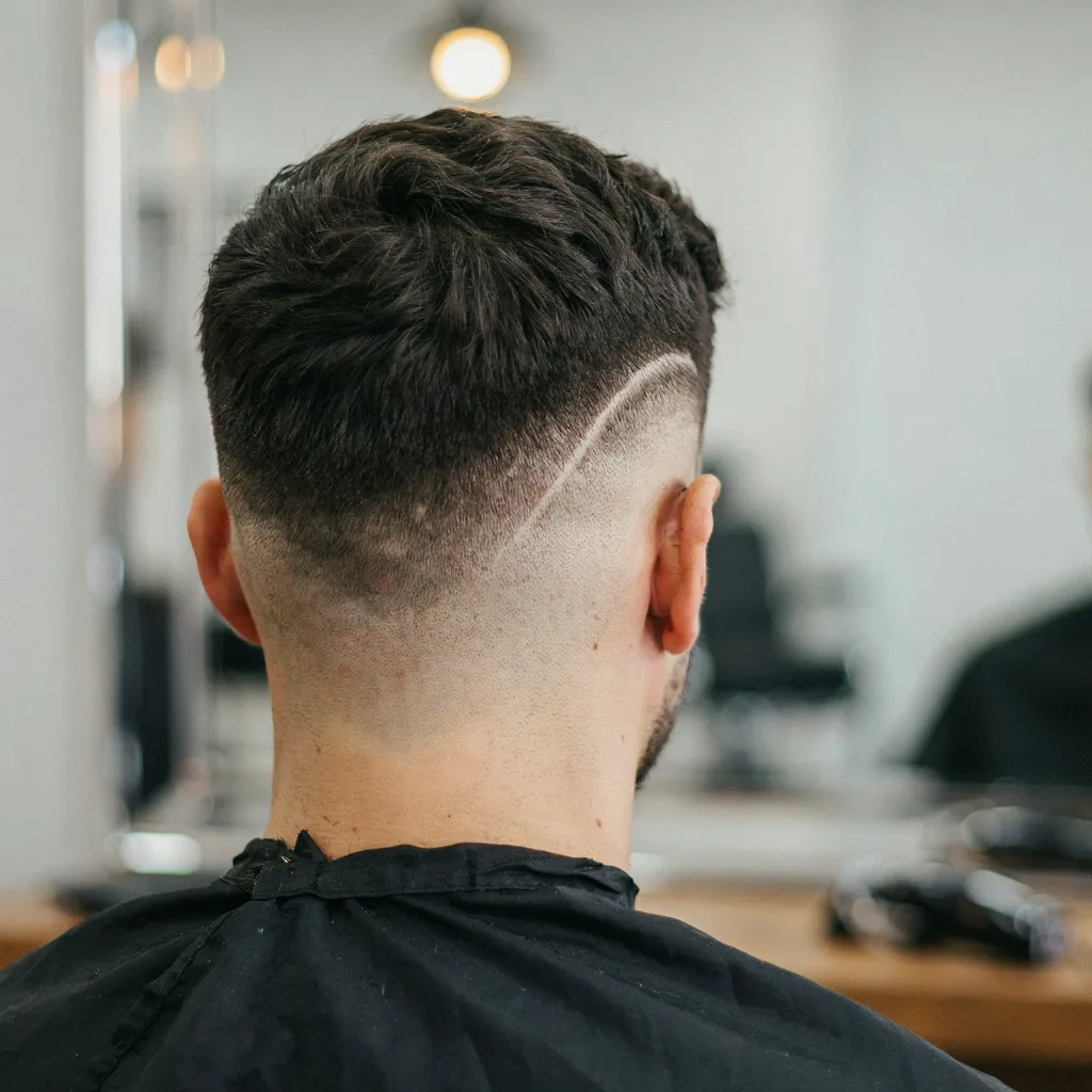 Mid fade haircut with a line design shaved into the back