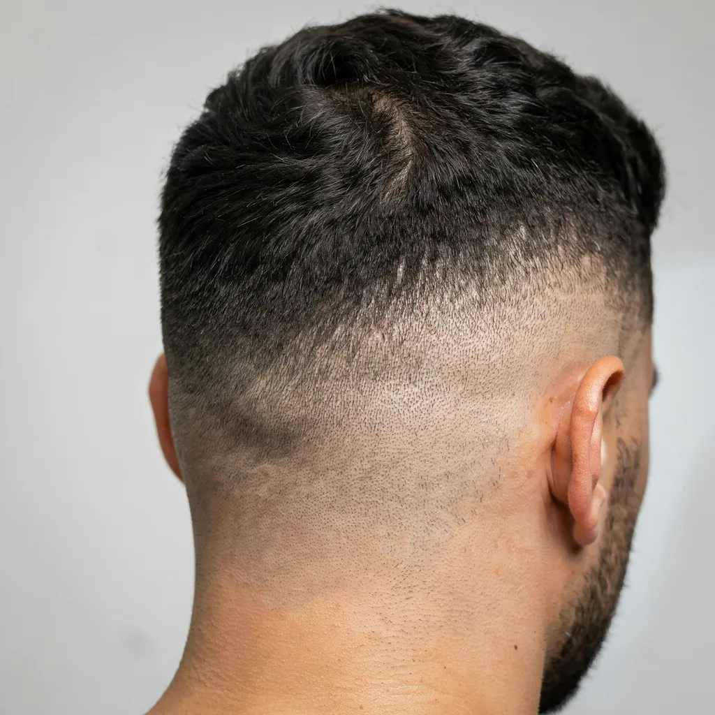 Back view of a clean mid fade haircut with a sharp neckline