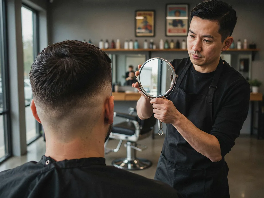 Barber showing a client the back of his mid fade haircut in a mirror