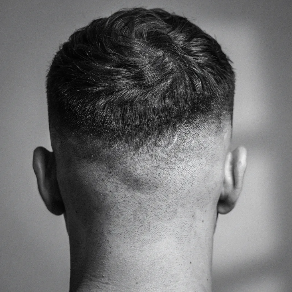 Back view of a mid fade with textured hair on top