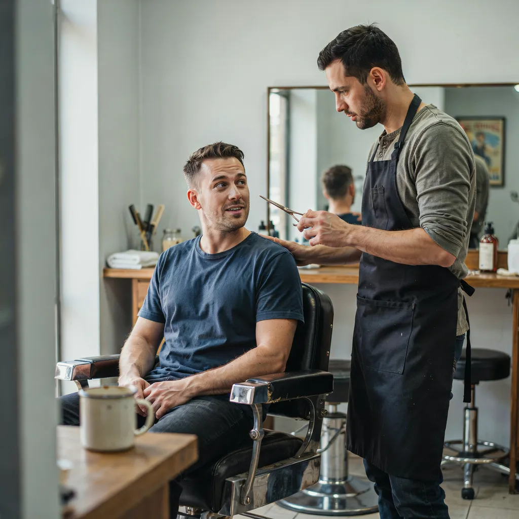 Barber and client in conversation at the barber chair
