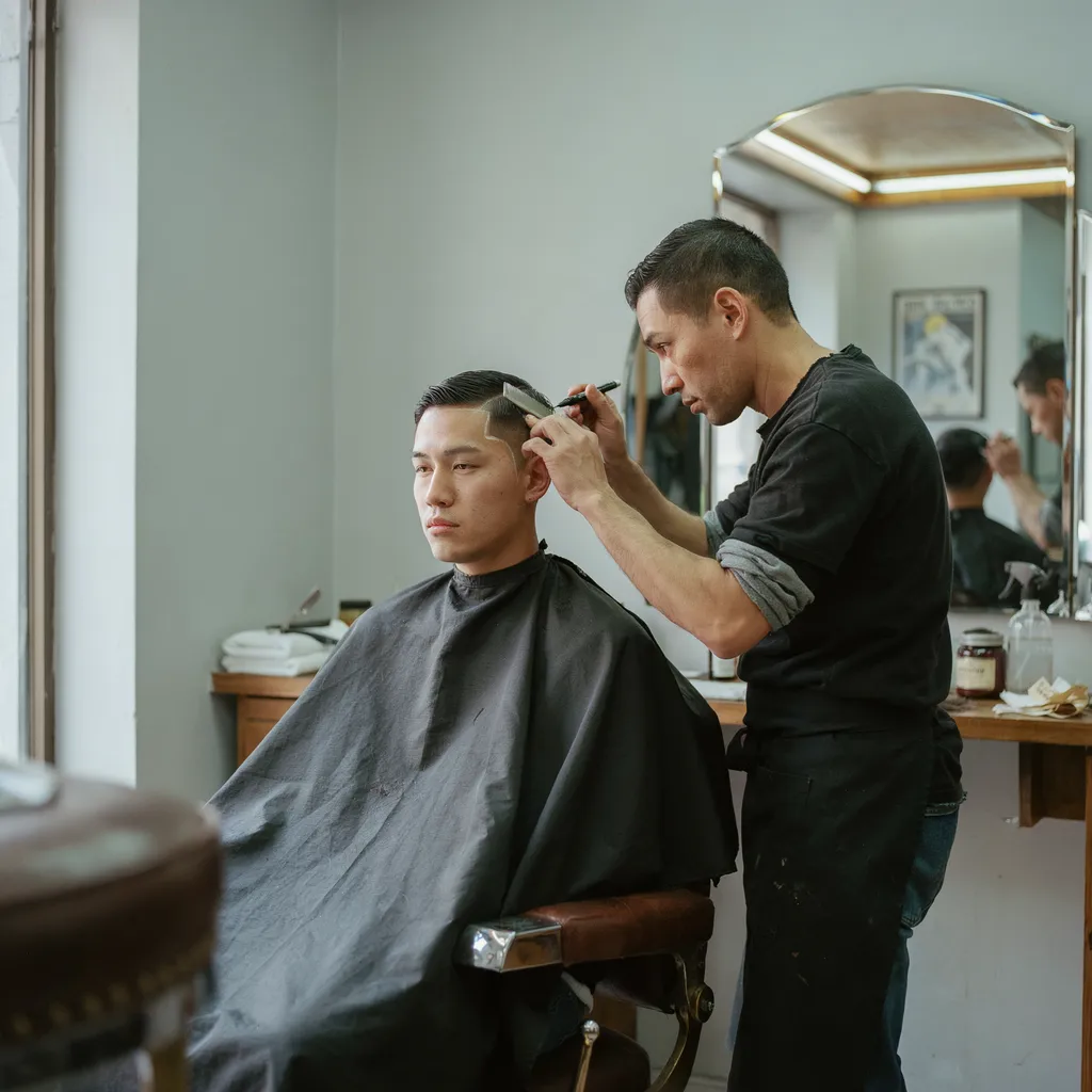 Barber comb-marking the temple area before starting a mid fade