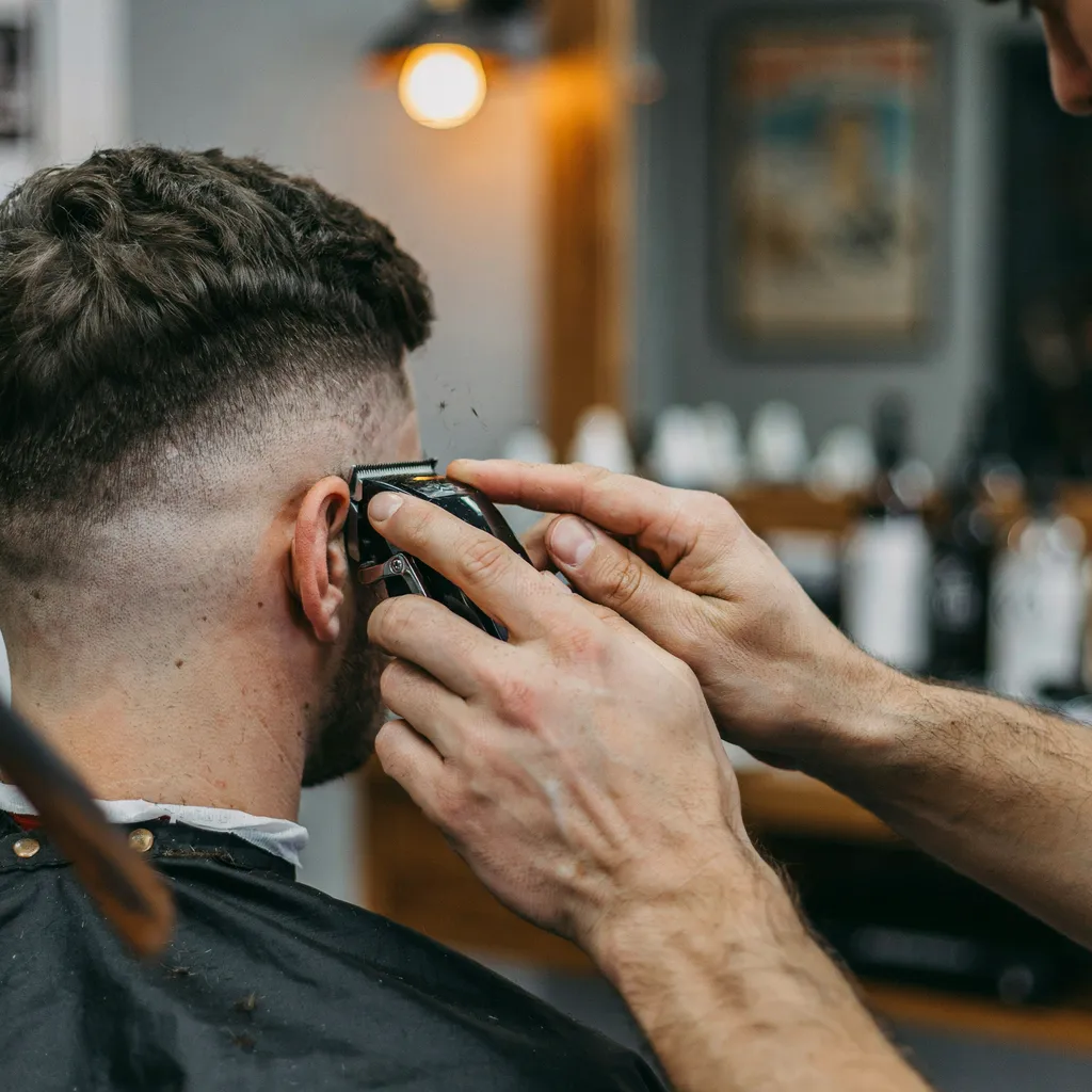 Barber's hands precisely blending a fade with clippers near the ear
