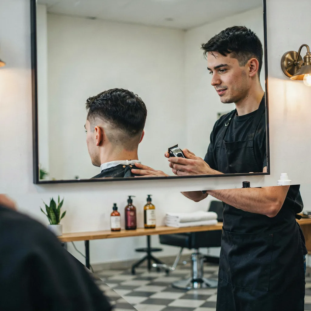 Barber and client reviewing a mid fade haircut in the mirror