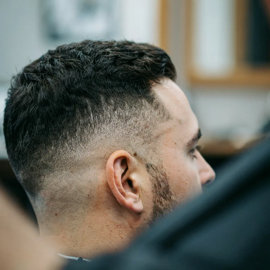 Close-up of a mid fade blend wrapping around the ear