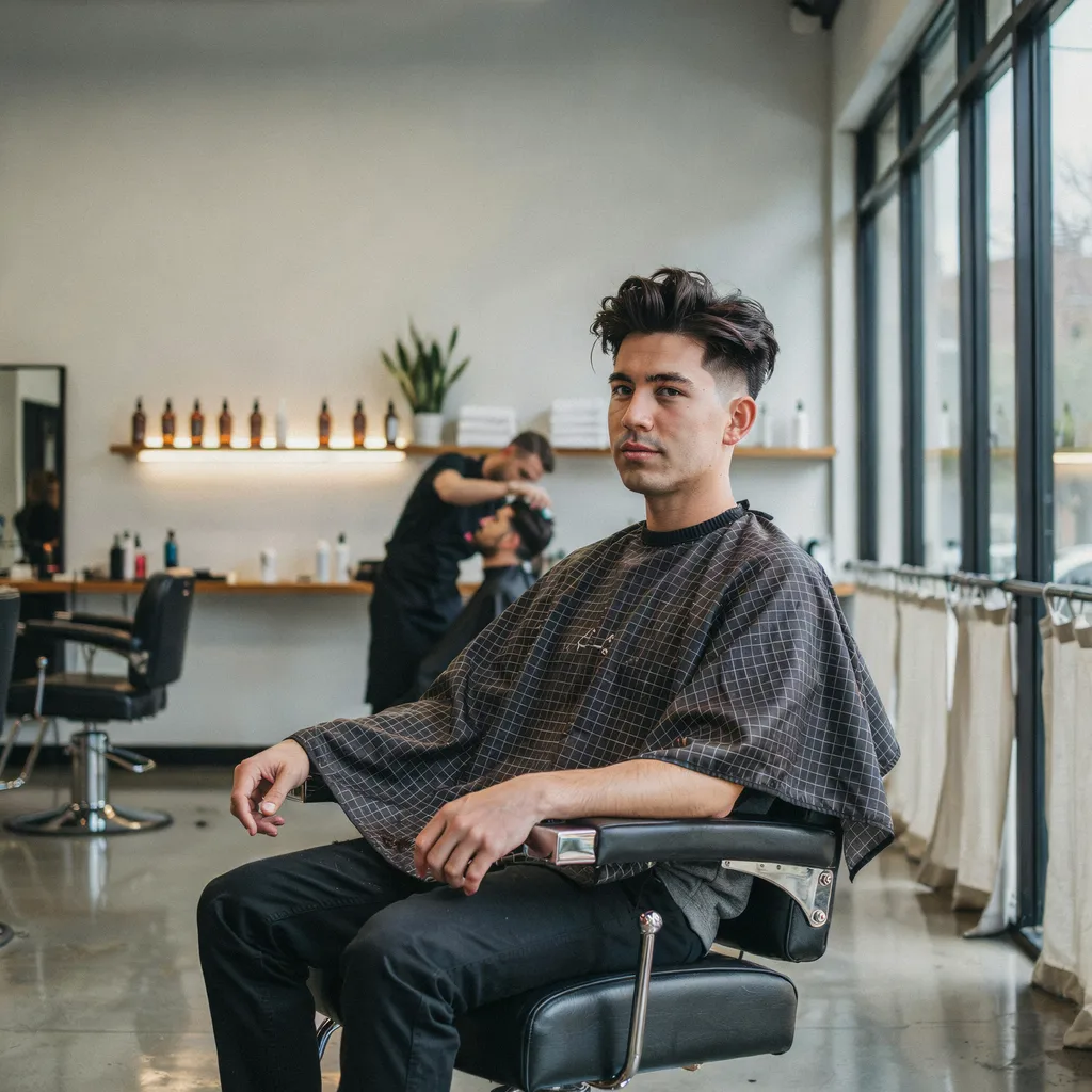 Hybrid haircut combining a mid fade side with a blowout top