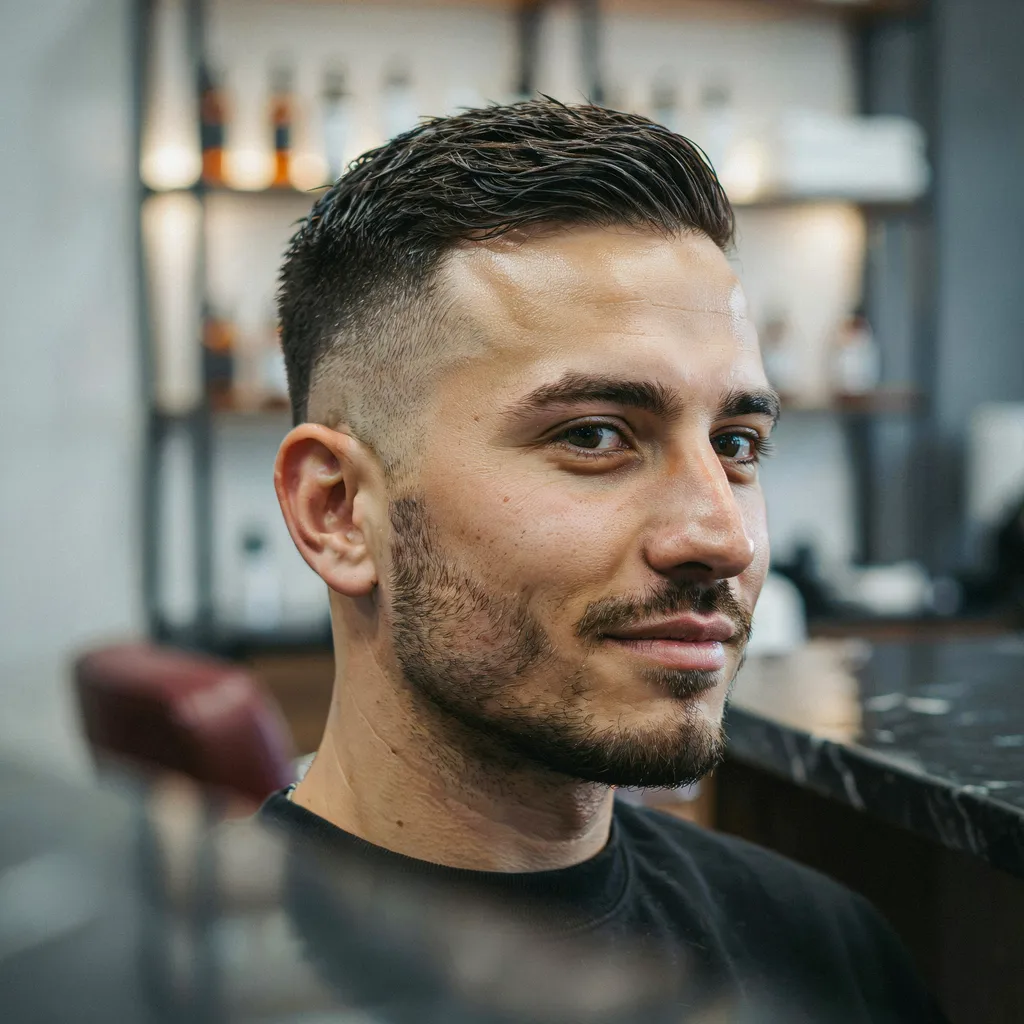 Man with a clean well-blended fade haircut in a barbershop