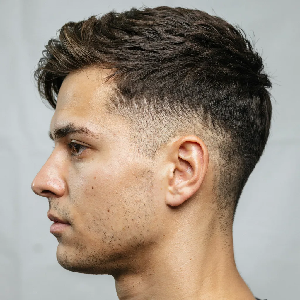 Side profile of a mid fade haircut with a clear fade blend
