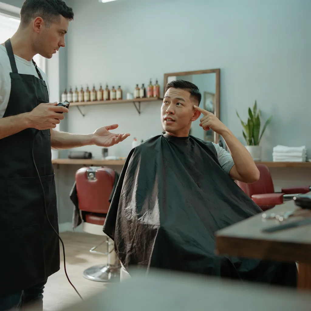 Client describing the mid fade haircut he wants to his barber
