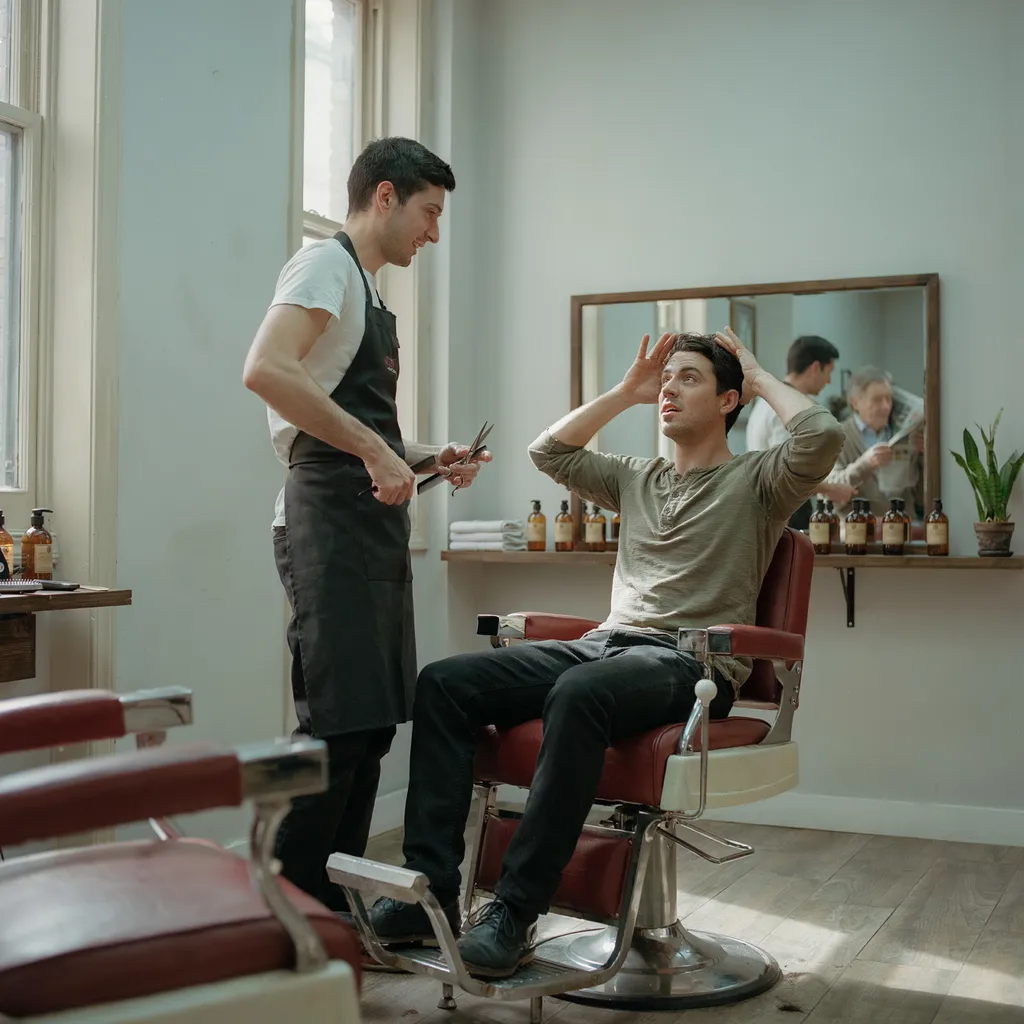 Barbershop client gesturing while describing the haircut he wants to his barber