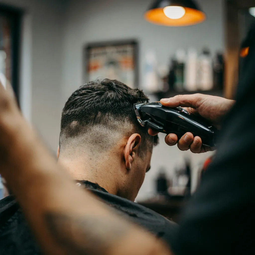 Barber using clippers with a fade guard for a mid fade haircut