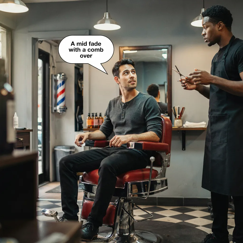Client asking his barber for a mid fade with a comb over, speech bubble