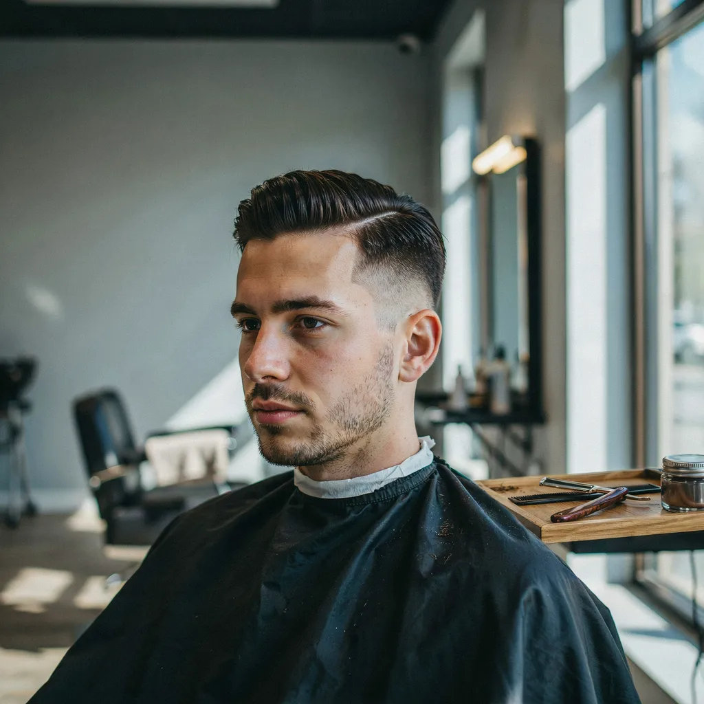 Man with a mid fade comb over, neatly combed side part blending into a fade