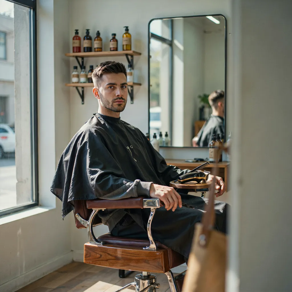Confident man with a stylish mid fade haircut in a barbershop