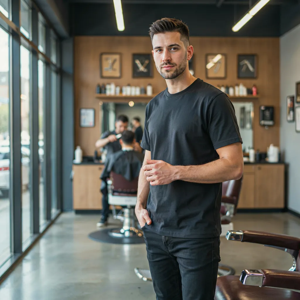 Confident man with a well-groomed mid fade haircut in a barbershop