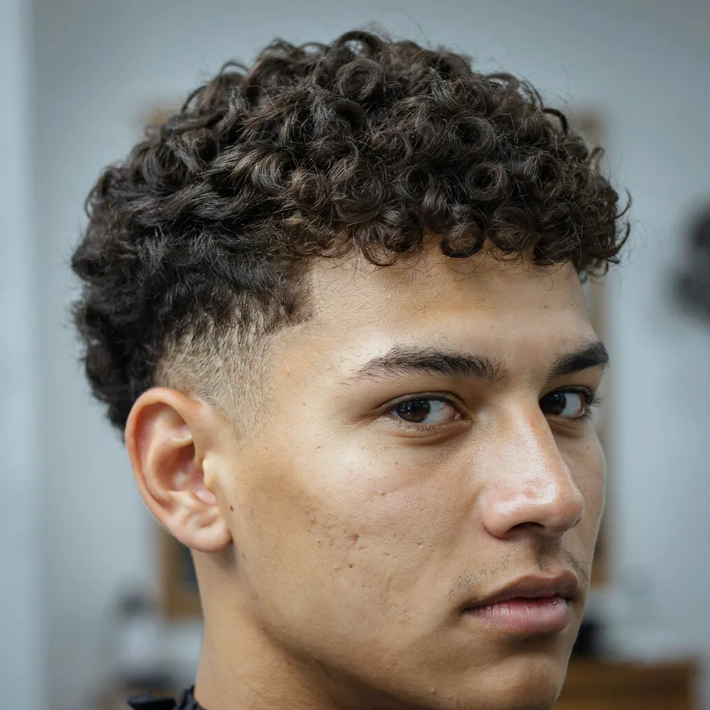 Curly textured hair on top contrasting with a tightly faded side