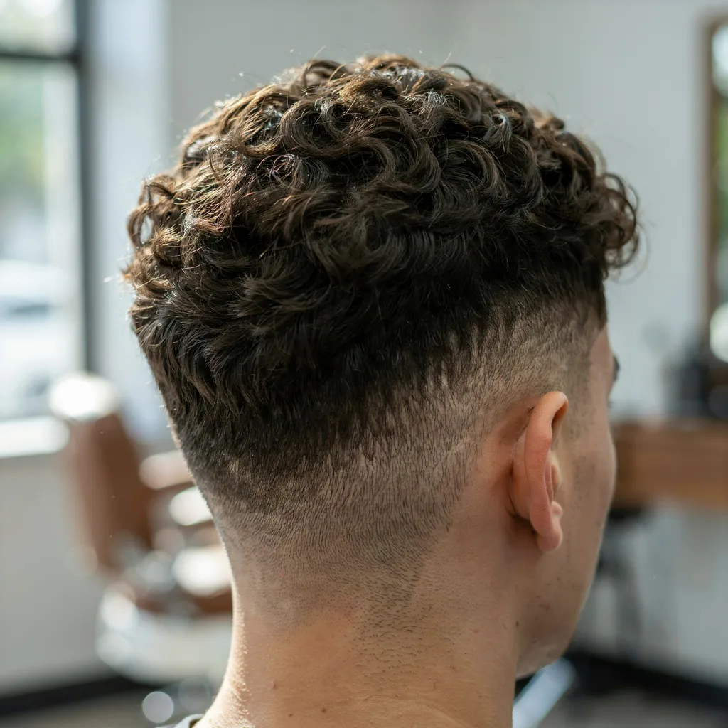 Curly textured hair on top contrasting with tightly faded sides