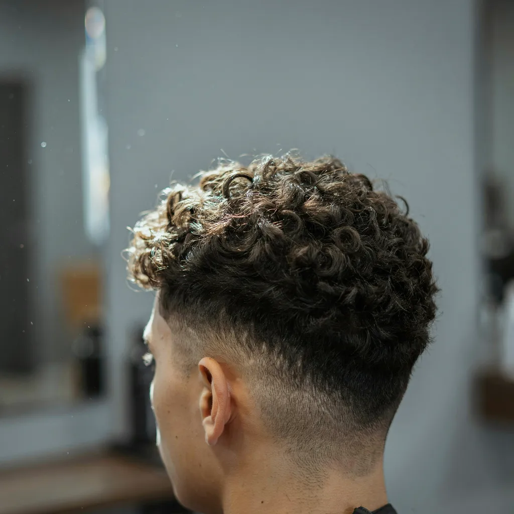 Curly textured hair on top contrasting with a tightly faded side