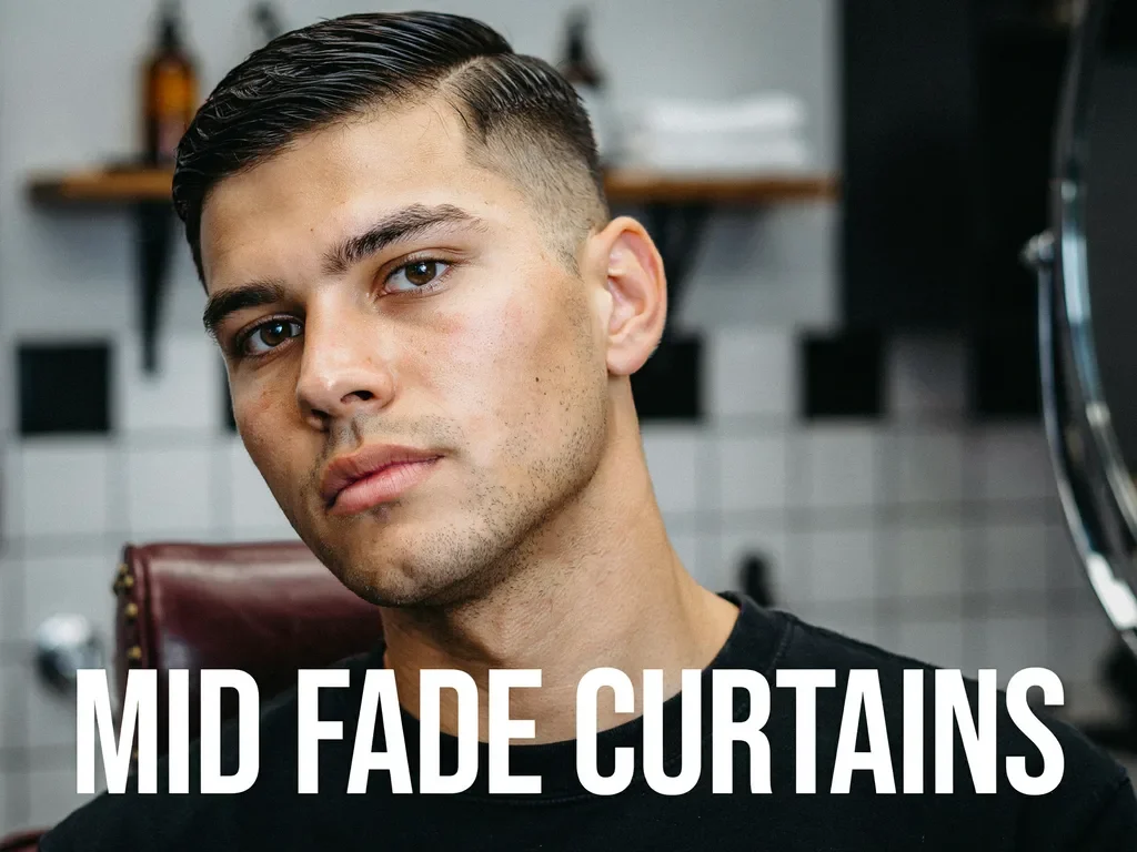 mid fade haircut with curtain bangs parted in the middle